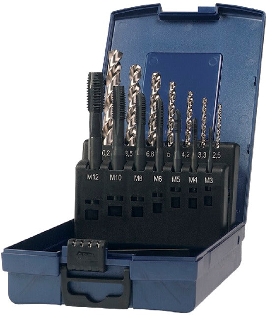 PRETEC 137980 M3-M12 Gépi menetfúró, HSS-Co készlet magfuratfúróval