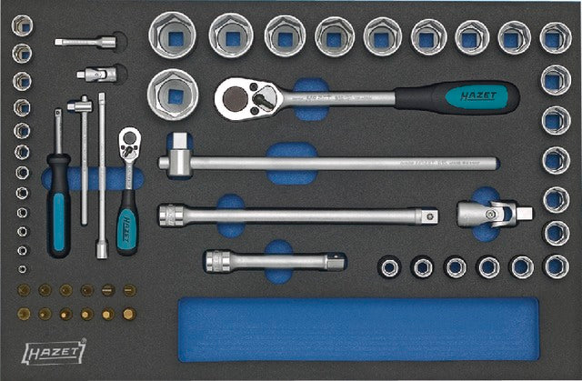 HAZET 519520 163-57/56 Műhelykocsi betét, Dugókulcs készlet 1/4" és 1/2", 56 részes