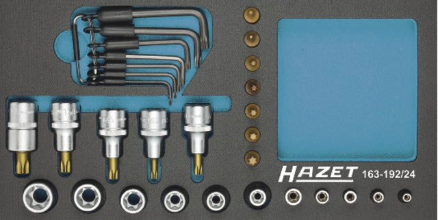 HAZET 519574 163-192/24 Műhelykocsi betét, Dugókulcs készlet 1/4"+1/2", TORX, 24 részes