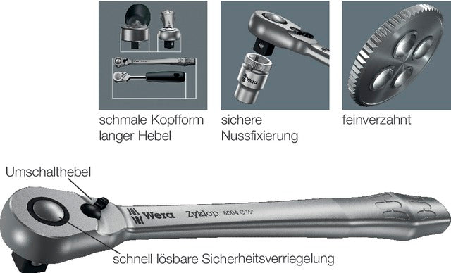 WERA 5160820010 Átkapcsolható racsni, 1/2" Zyklp Metal