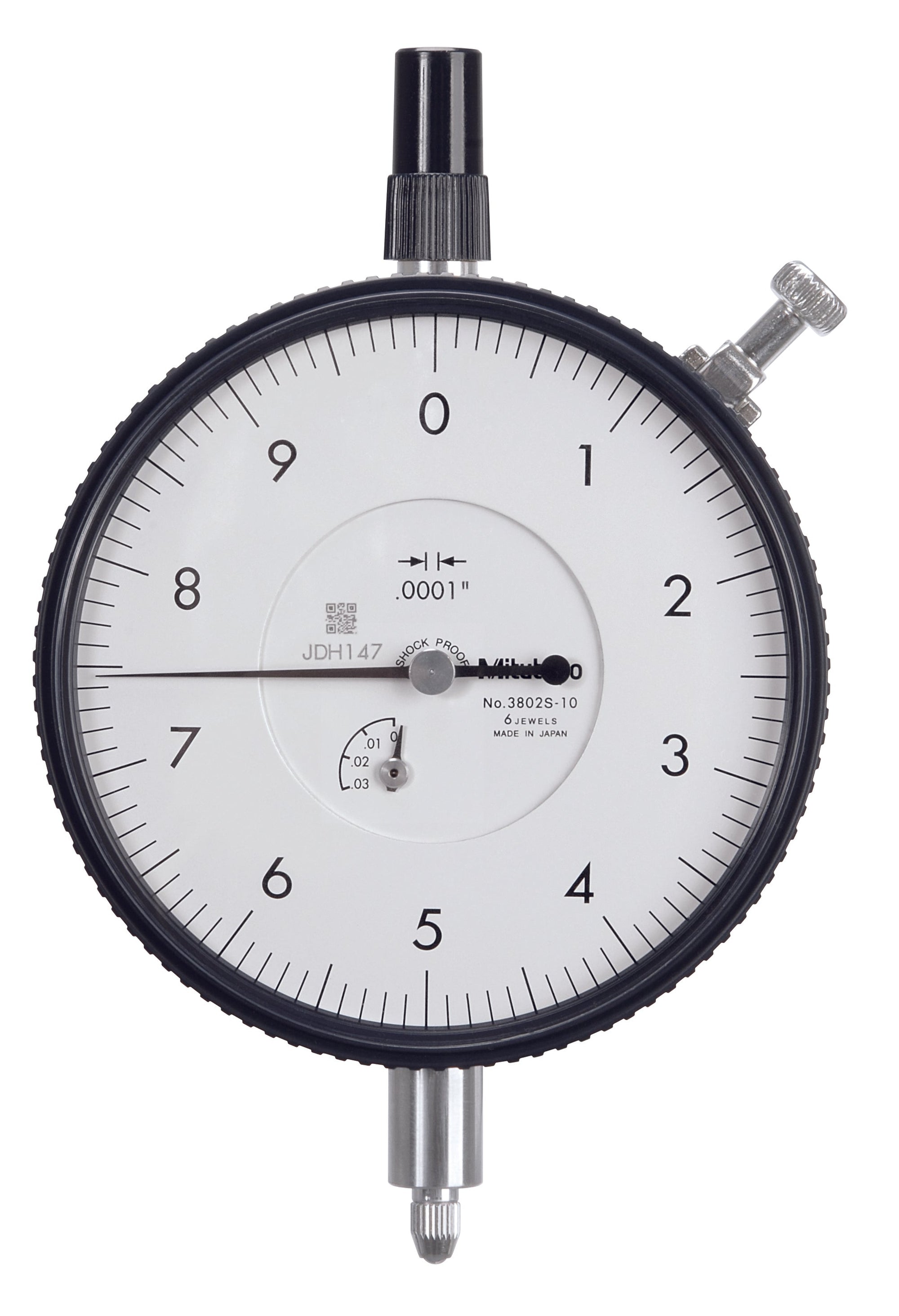 MITUTOYO 3802S-10 Dial Indicator, Flat Back, AGD/ANSI 0,025", 0,0001", Jew. Bearing, Shockpr.