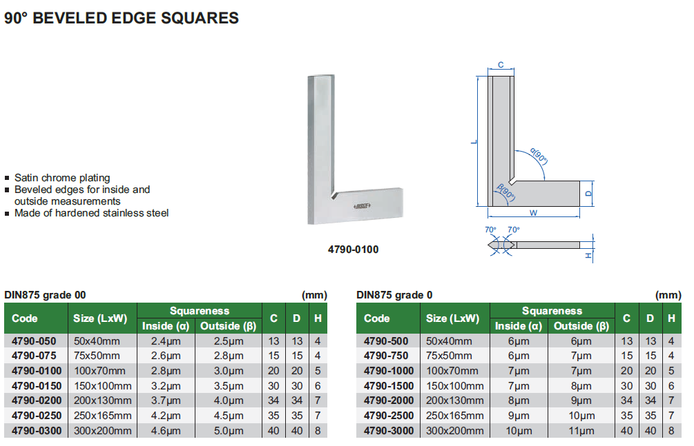INSIZE 4790-0100 100x70mm Ferde élű derékszög, DIN 875/00, 100x70 mm