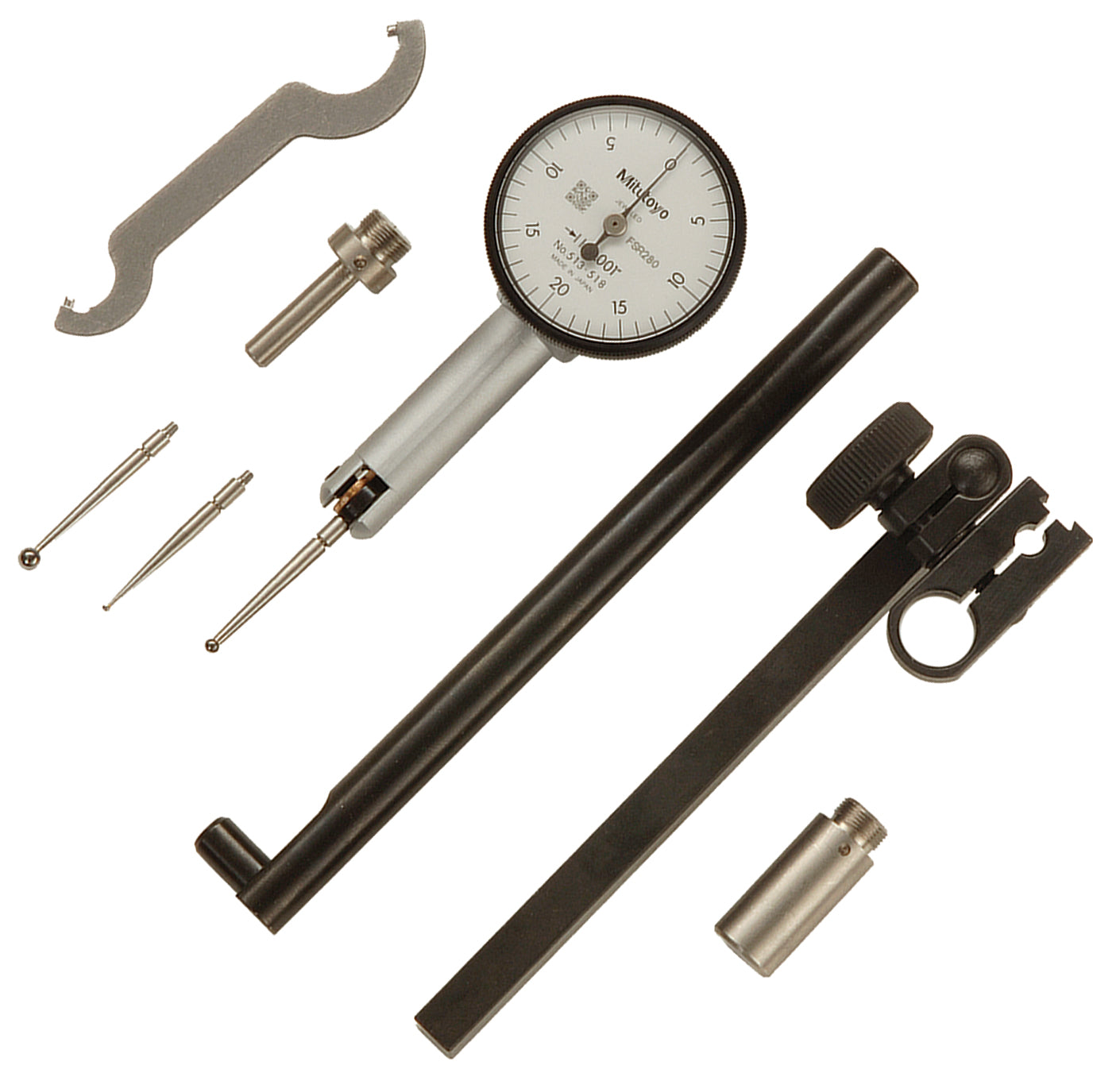 MITUTOYO 513-518T Dial Test Indicator, Horiz. Pocket Type 0,04", 0,001", with Bracket