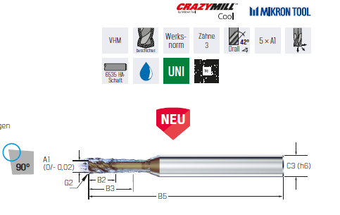 MIKRON CrazyMill 178480 1,50 mm Rádiuszos keményfémmaró – belső hűtéssel (VHM)