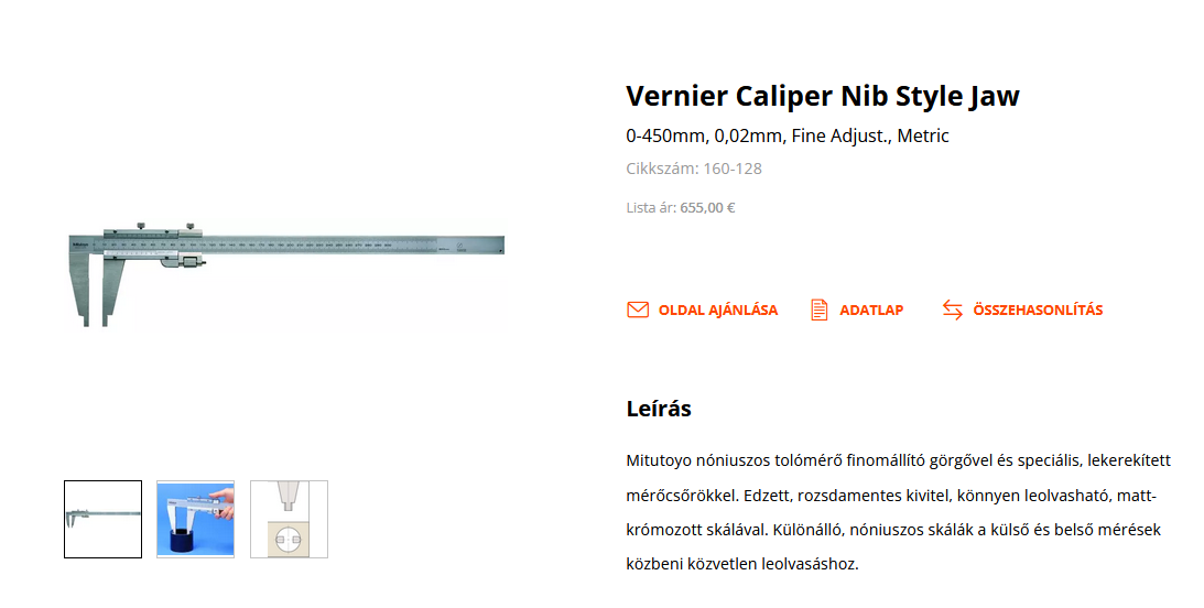 Mitutoyo - Nóniuszos tolómérő Nib Style Jaw 0-450mm, 0.02mm, finomállítóval, Metric