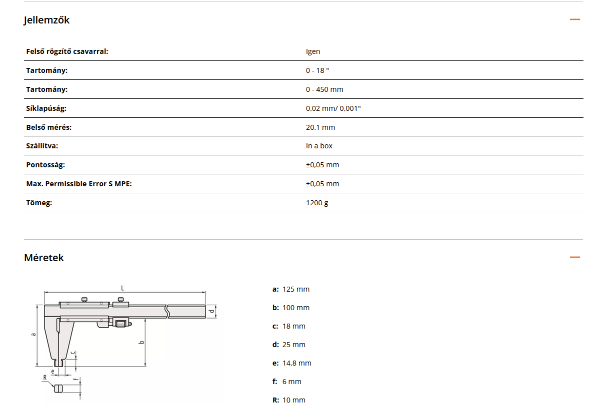 Mitutoyo - Nóniuszos tolómérő Nib Style Jaw 0-450mm, 0.02mm, finomállítóval, Metric/Inch
