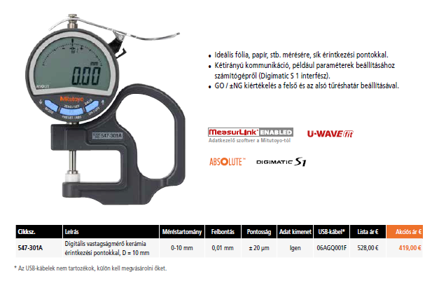 Mitutoyo Digitális Vastagságmérő Kerámia Érintkezési Pontokkal 0-10mm (547-301A)