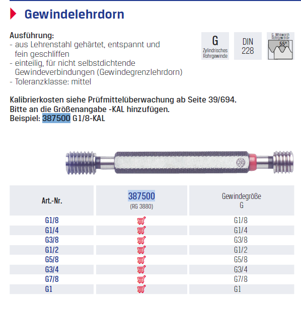 JBO 387500 G1/4 Dugós menetidomszer – hengeres csőmenet (DIN EN ISO 228)
