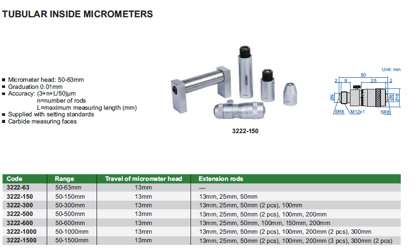 INSIZE 3222-150 Csöves belső mikrométer 50-150mm
