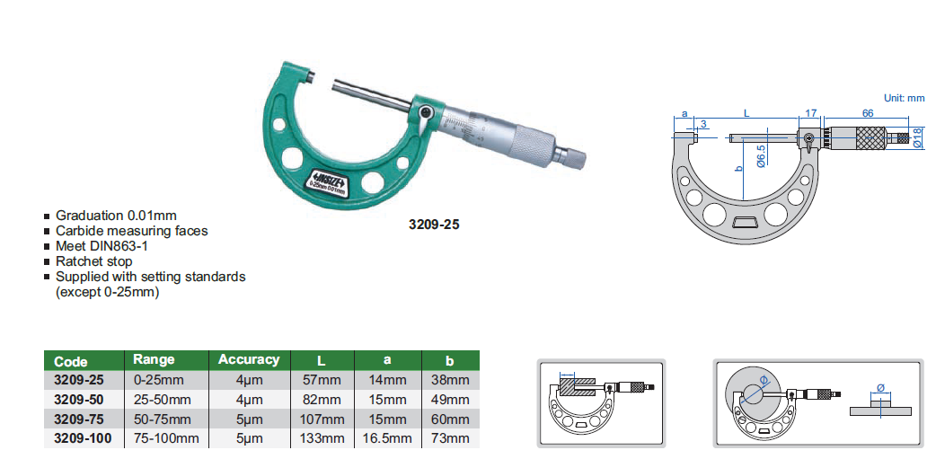 INSIZE 3209-100 75-100mm Analóg külső mikrométer hosszú orsóval 75-100/0.01 mm