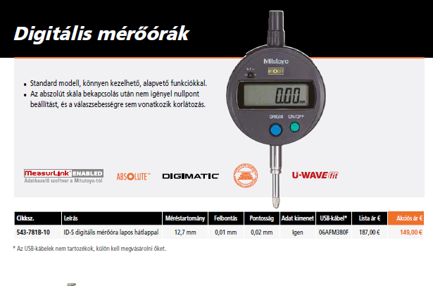Mitutoyo ID-S Digitális Mérőóra Lapos Hátlappal 12,7mm (543-781B-10)