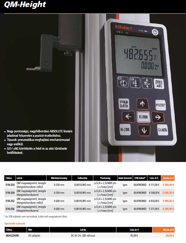 Mitutoyo QM-Height Magasságmérő Levős, Lebegőrendszer Nélkül 0-350mm (518-250)