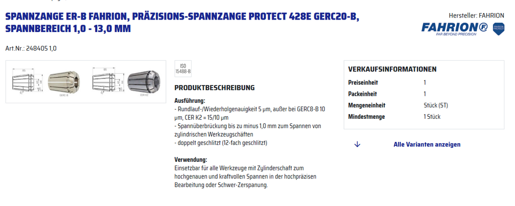 248405 2,0 FAHRION 248405 2,0 Tartozékok ER szorítópatronos befogóhoz , Precíziós szorítópatron Protect 428E GERC20-B, befogási tartomány 1,0 - 13,0 mm