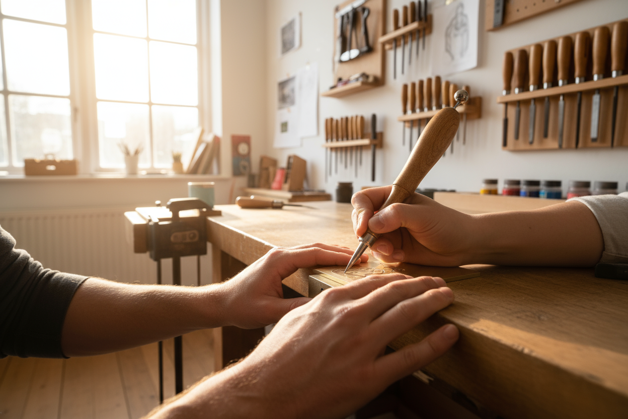 kézi gravírizó világos színes kép kellemes műhely hangulat 