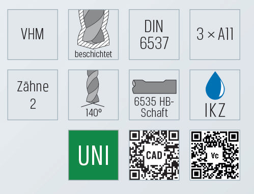 PRETEC 102658 3,00 – VHM nagy teljesítményű fúró, 5×D, univerzális, belső hűtéssel