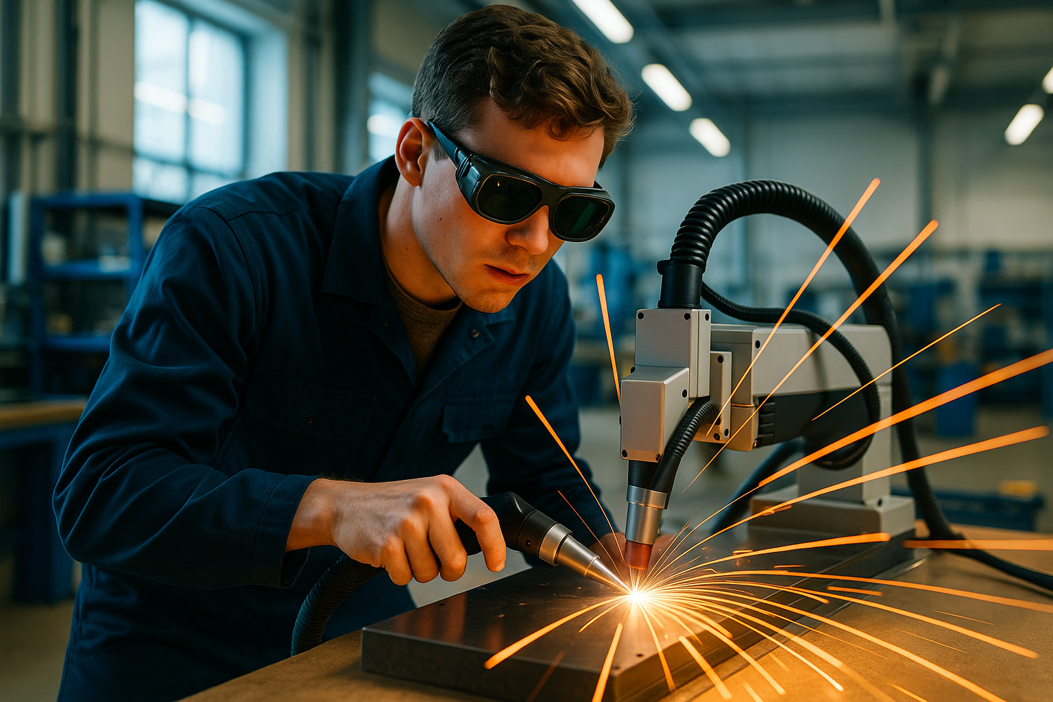 Lézerhegesztő géppel dolgozó fiatalember ahogy a szikrák is megvillannak. Világos színes fotó kellene. Jó lenne, ha hegesztőszemüveg is lenne a munkáson.