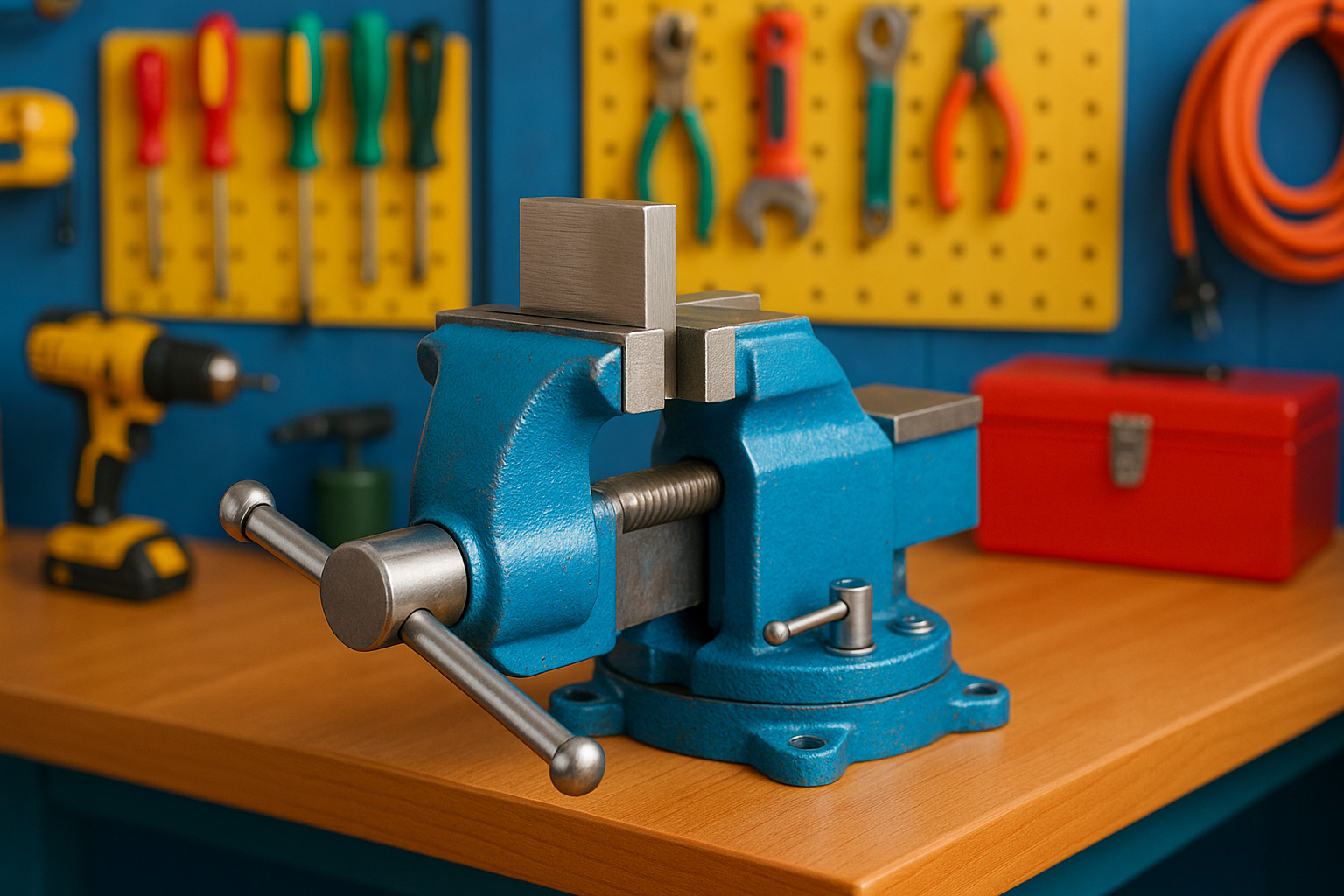 munkadarab befogás szorítóval színes kép világos, a szorító satu az asztalhoz van rögzítve benne a munkadarab látható kellemes színes műhely hangulat